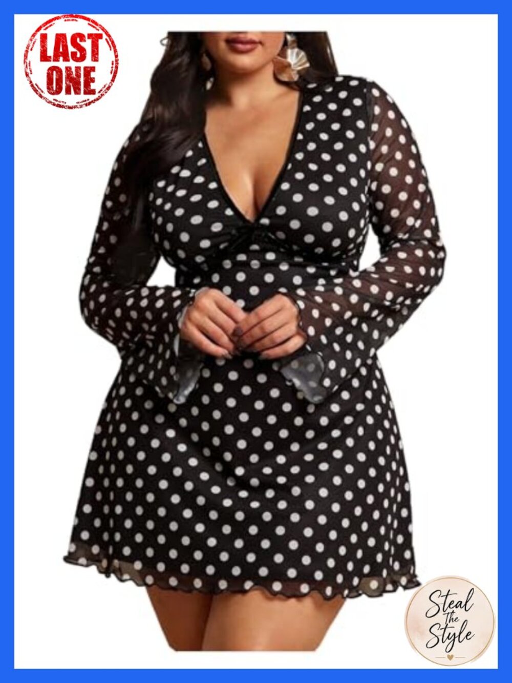 Plus Size A-Line Mini Dress Bell Sleeve V-Neck